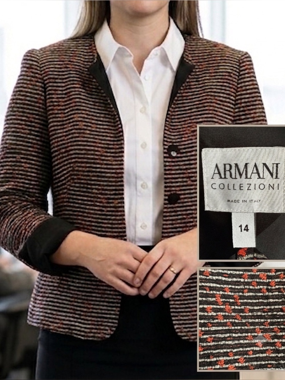 Armani Collezioni Tweed Jacket Button Front Blazer Wool Blend Italy